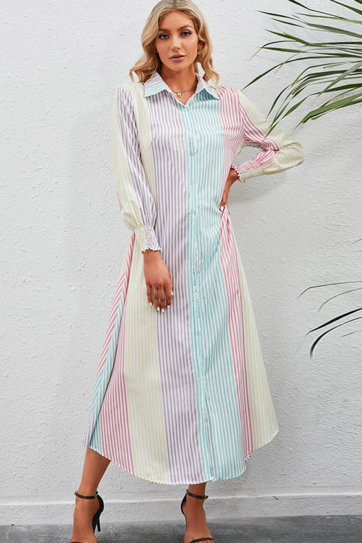 Rainbow Stripe Button-Up Maxi Shirt Dress-Dress-Blak Wardrob-S-Stripe-Urbanheer
