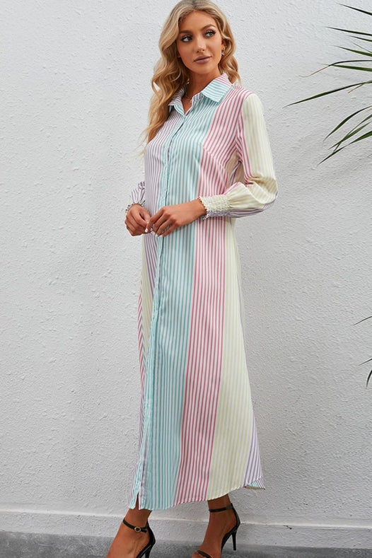 Rainbow Stripe Button-Up Maxi Shirt Dress-Dress-Blak Wardrob-S-Stripe-Urbanheer