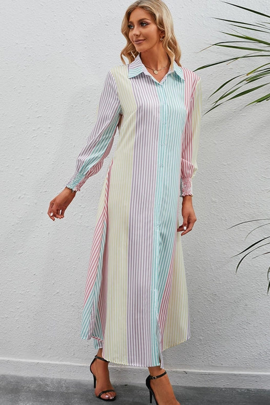 Rainbow Stripe Button-Up Maxi Shirt Dress-Dress-Blak Wardrob-S-Stripe-Urbanheer