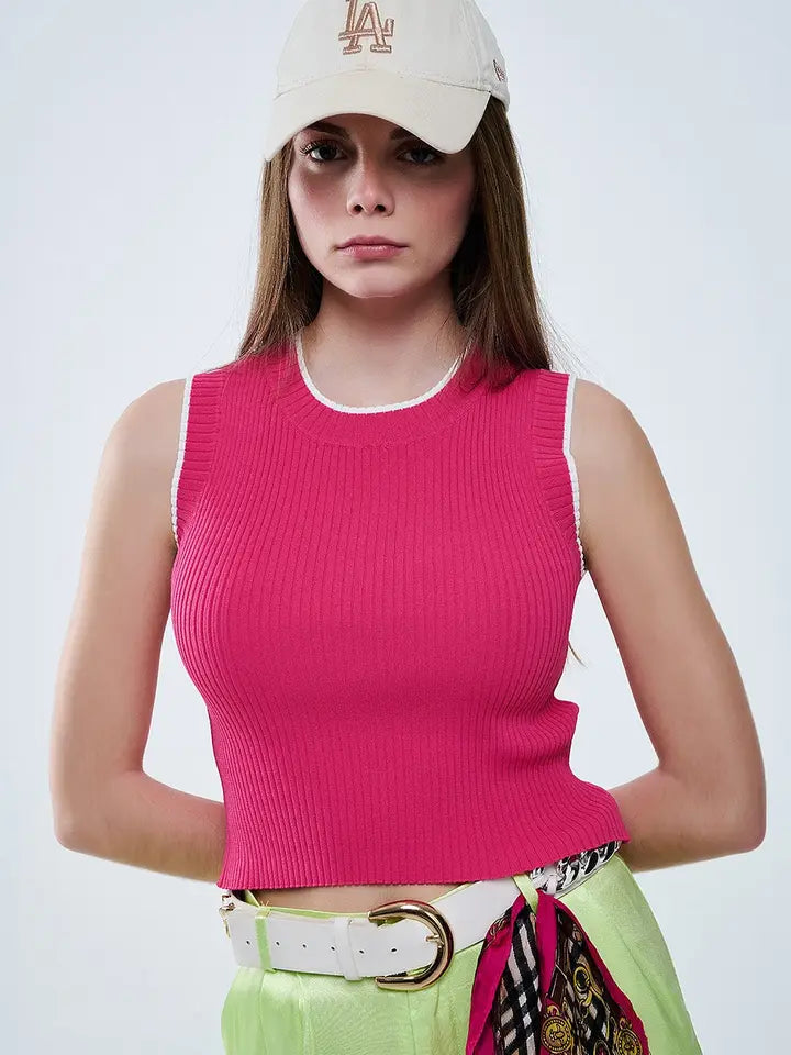 Raspberry Pink Fitted Tank Top with White Trim-Tank Top-Q2-S-PINK-Urbanheer