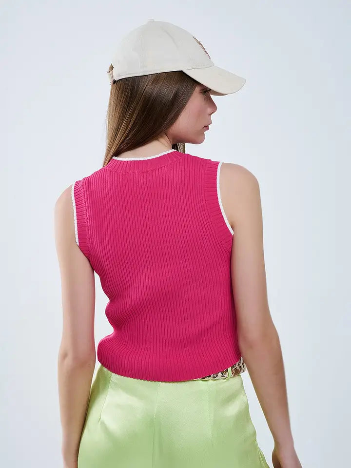 Raspberry Pink Fitted Tank Top with White Trim-Tank Top-Q2-S-PINK-Urbanheer