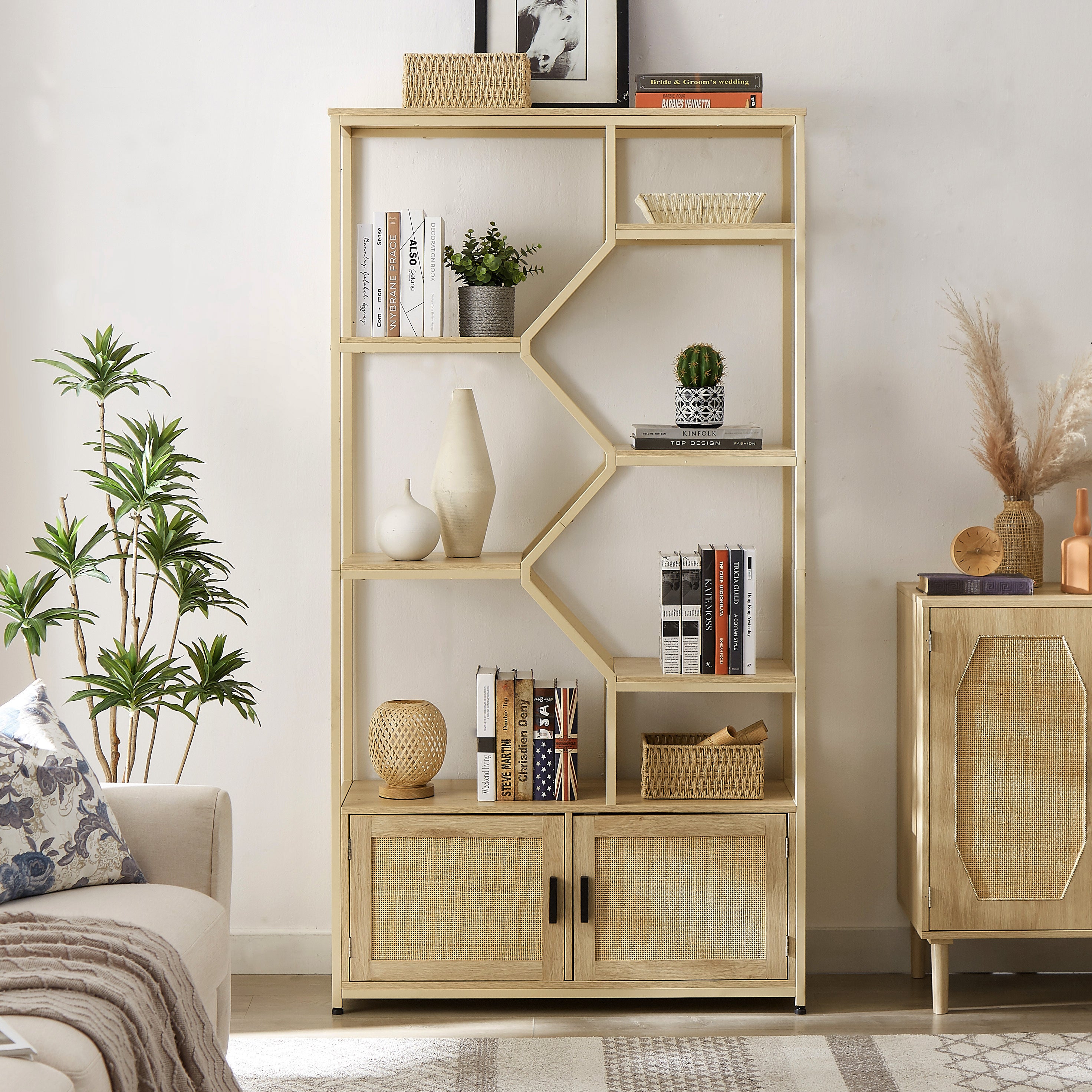 Rattan bookshelf 7 tiers Bookcases Storage Rack with cabinet for Living Room Home Office, Natural,-UH Decor-Default-Urbanheer