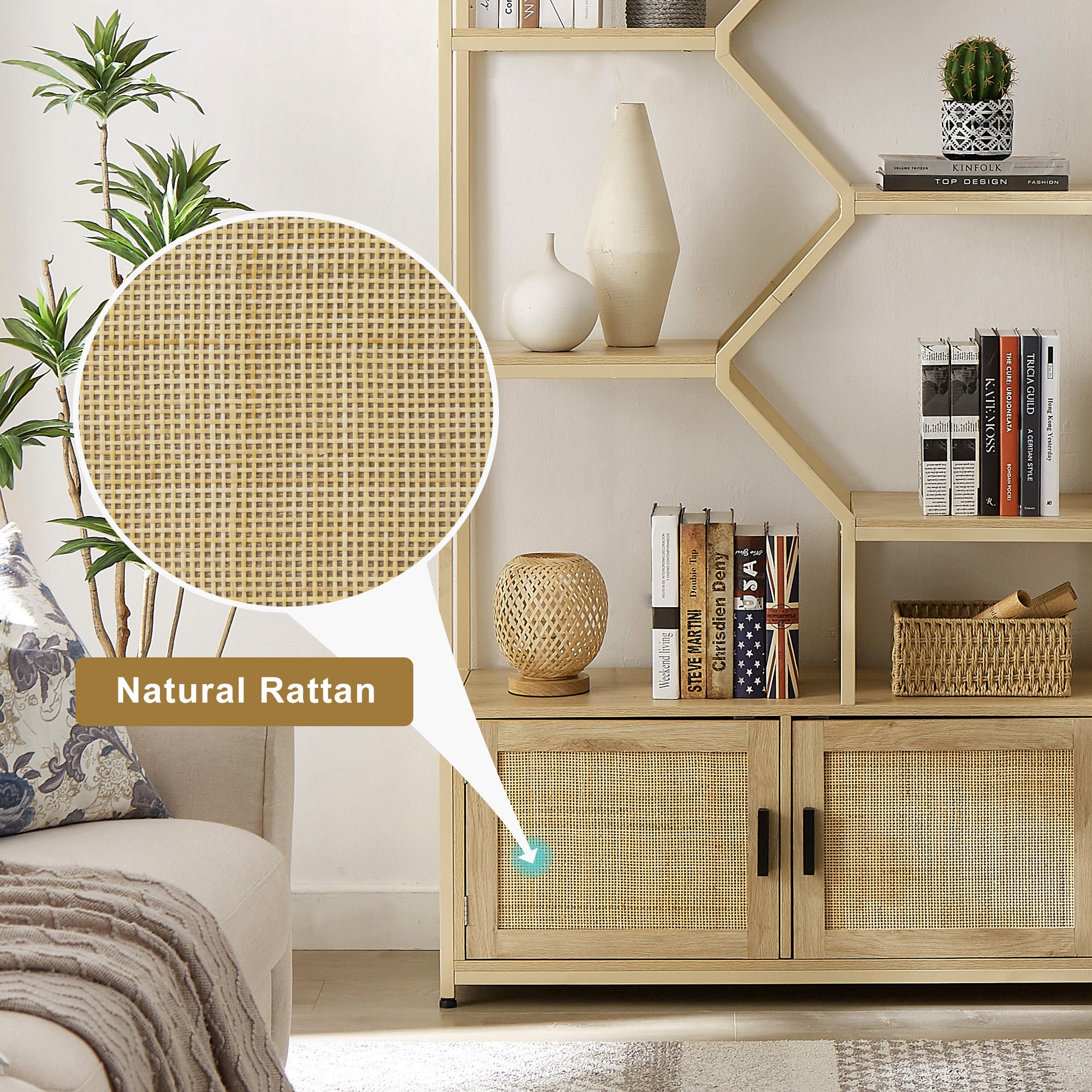 Rattan bookshelf 7 tiers Bookcases Storage Rack with cabinet for Living Room Home Office, Natural,-UH Decor-Default-Urbanheer