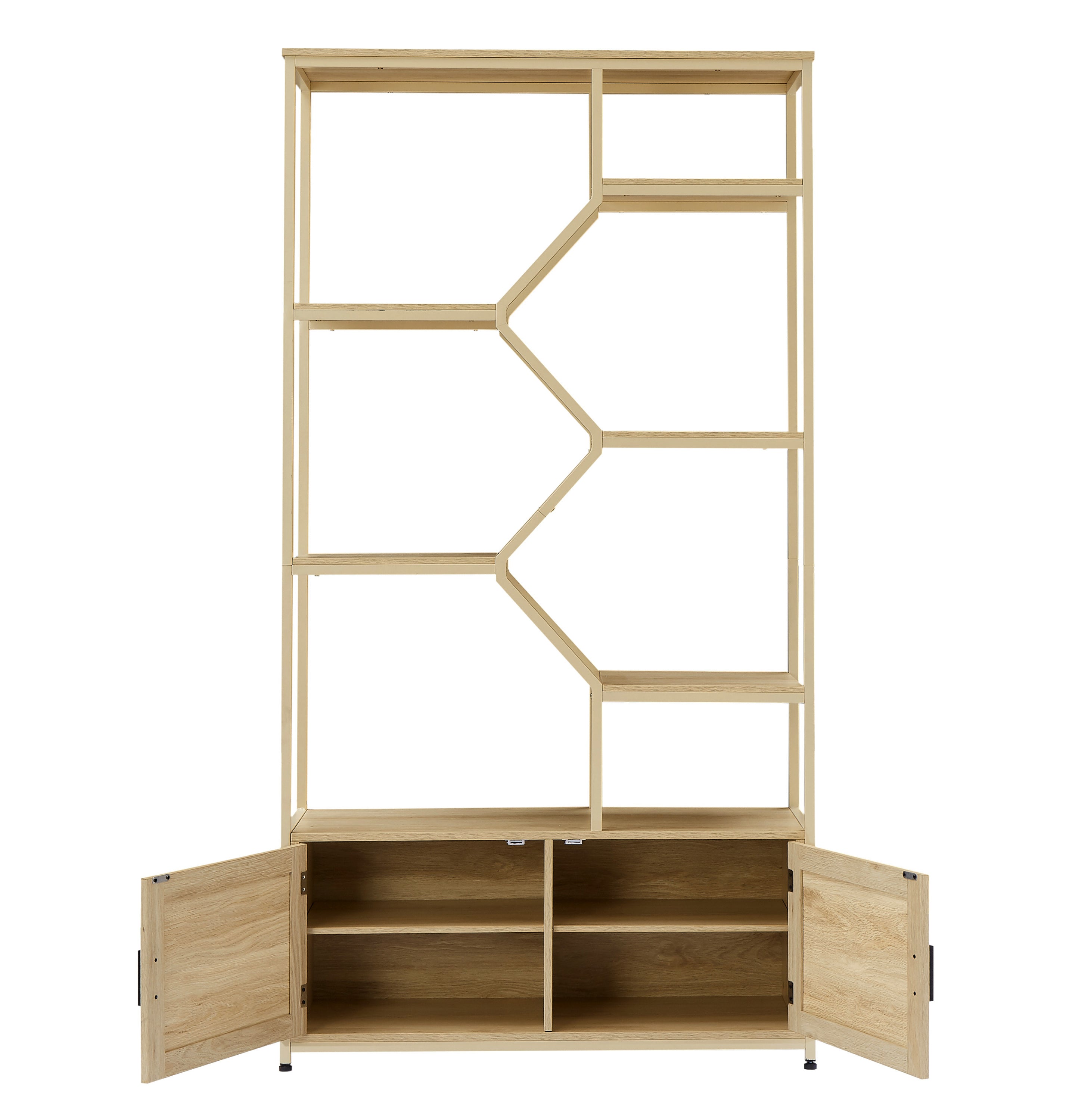 Rattan bookshelf 7 tiers Bookcases Storage Rack with cabinet for Living Room Home Office, Natural,-UH Decor-Default-Urbanheer