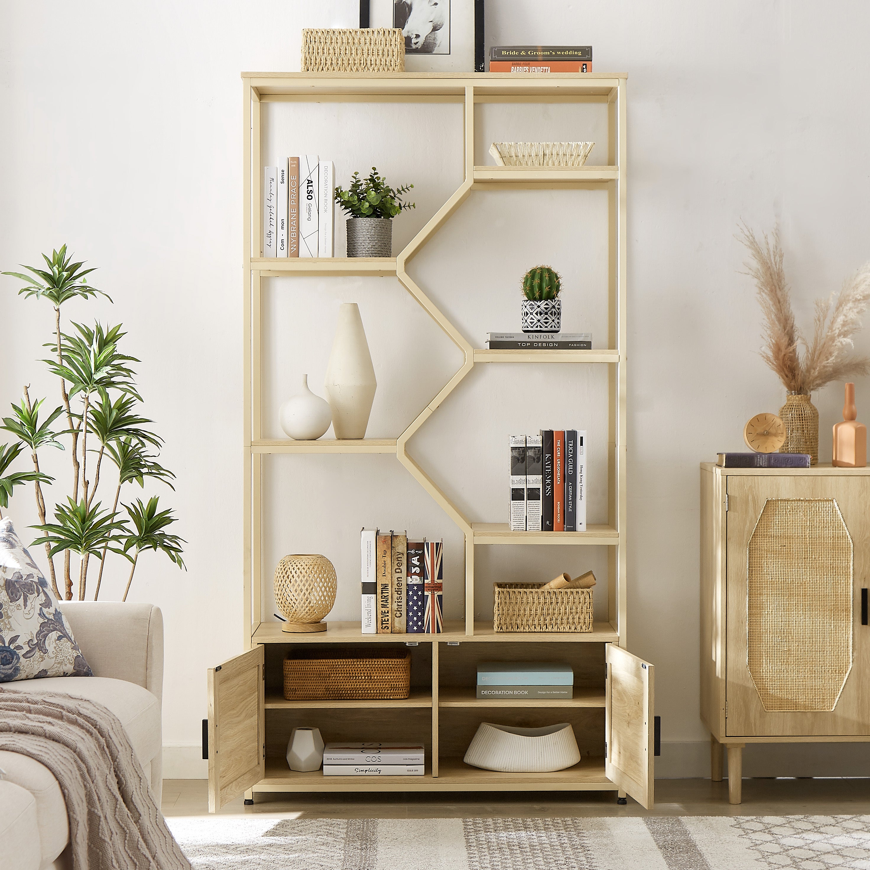 Rattan bookshelf 7 tiers Bookcases Storage Rack with cabinet for Living Room Home Office, Natural,-UH Decor-Default-Urbanheer