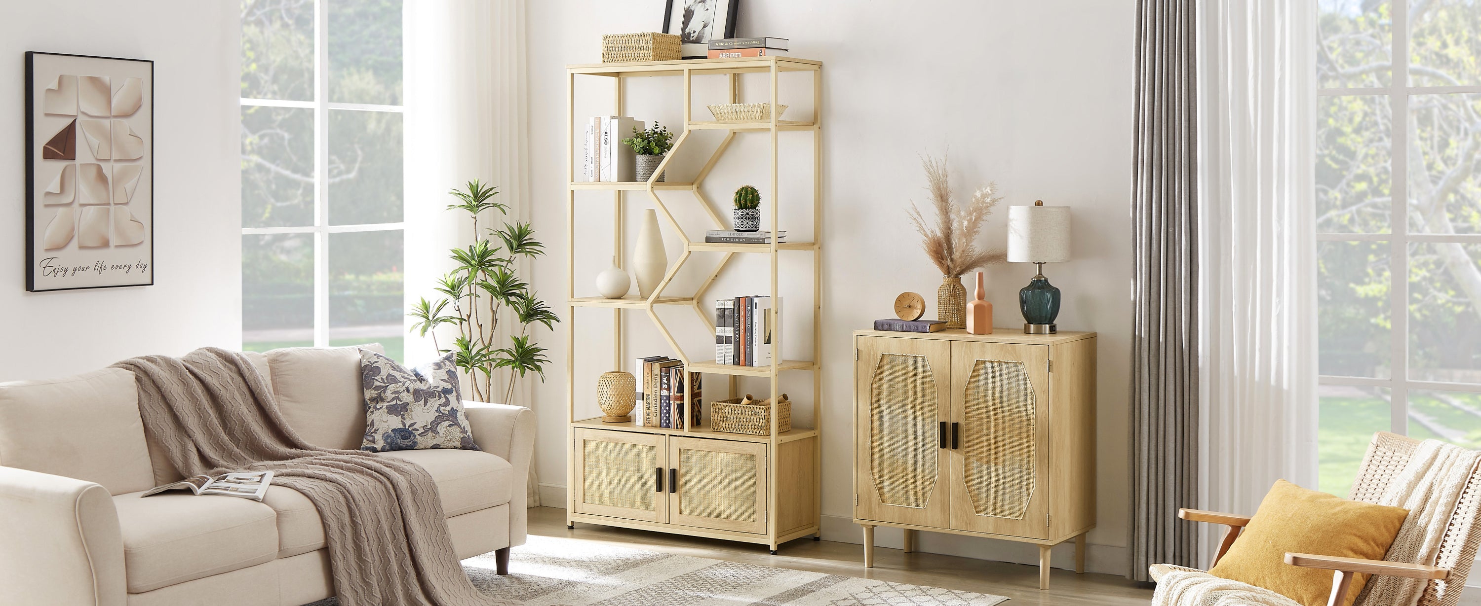 Rattan bookshelf 7 tiers Bookcases Storage Rack with cabinet for Living Room Home Office, Natural,-UH Decor-Default-Urbanheer