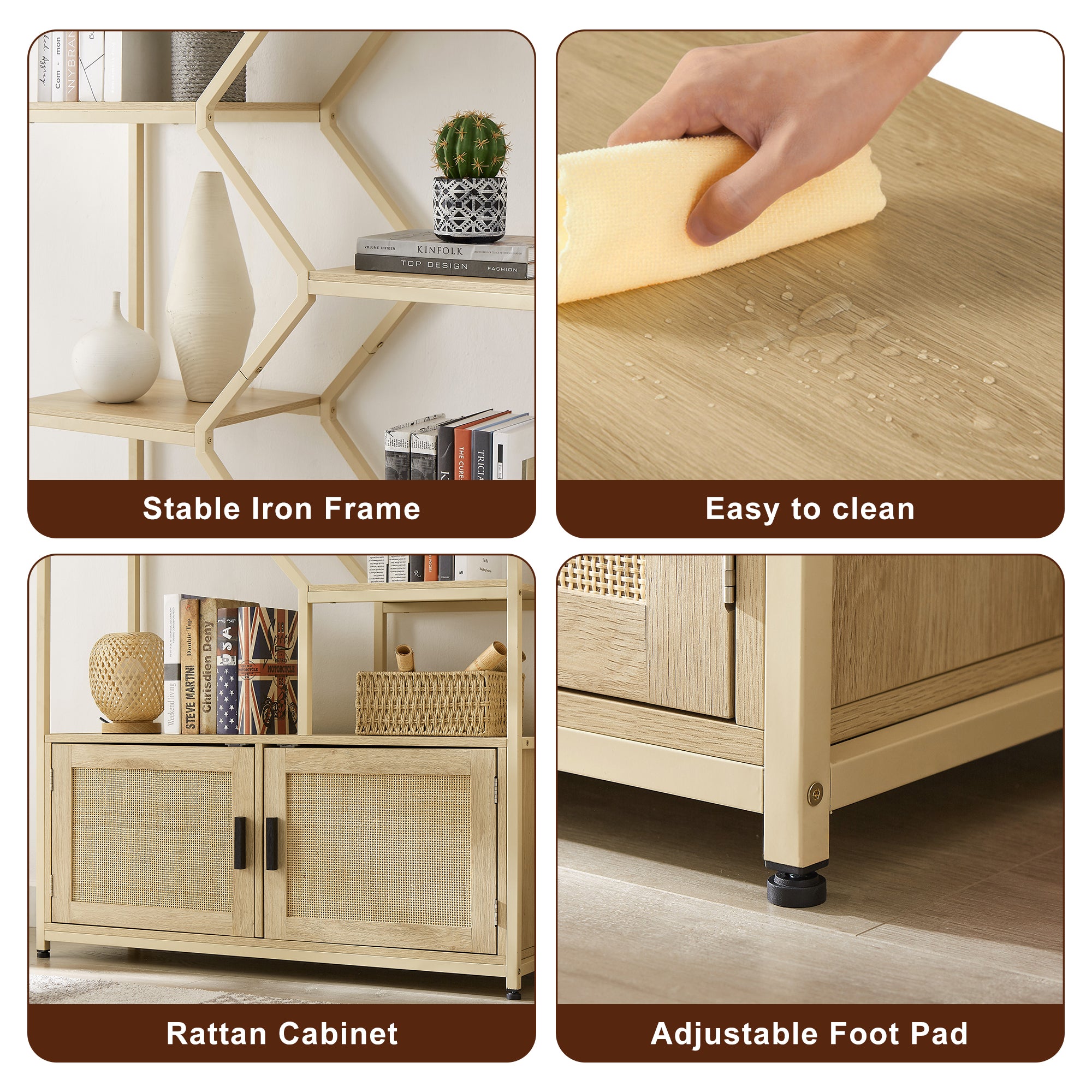 Rattan bookshelf 7 tiers Bookcases Storage Rack with cabinet for Living Room Home Office, Natural,-UH Decor-Default-Urbanheer