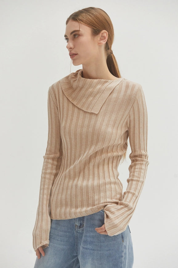Raven Neck Flap Ribbed Sweater Top Beige-Top-Crescent-XS-Beige-Urbanheer
