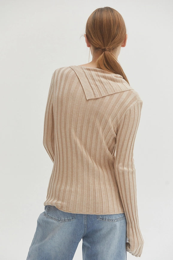 Raven Neck Flap Ribbed Sweater Top Beige-Top-Crescent-XS-Beige-Urbanheer