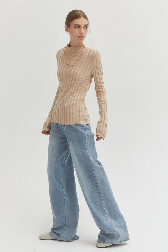 Raven Neck Flap Ribbed Sweater Top Beige-Top-Crescent-XS-Beige-Urbanheer