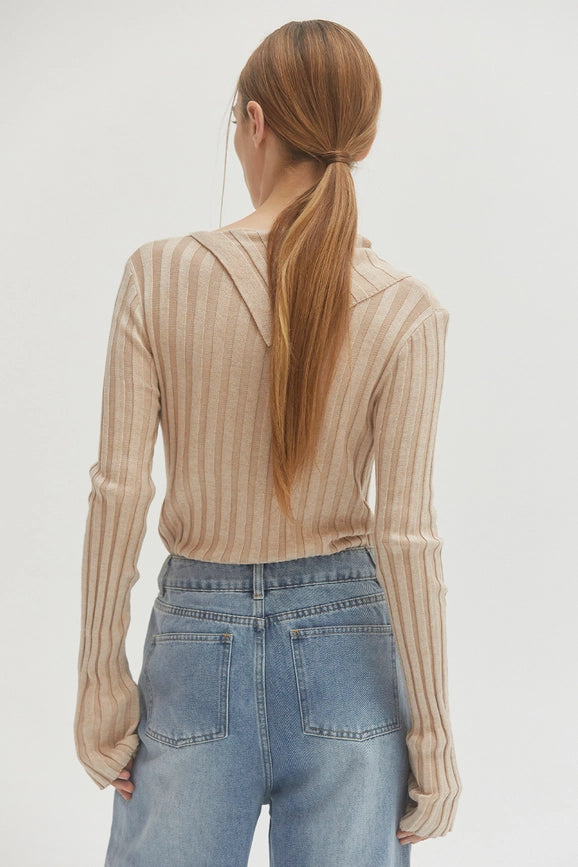 Raven Neck Flap Ribbed Sweater Top Beige-Top-Crescent-XS-Beige-Urbanheer