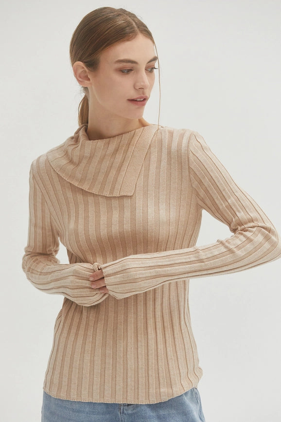 Raven Neck Flap Ribbed Sweater Top Beige-Top-Crescent-XS-Beige-Urbanheer