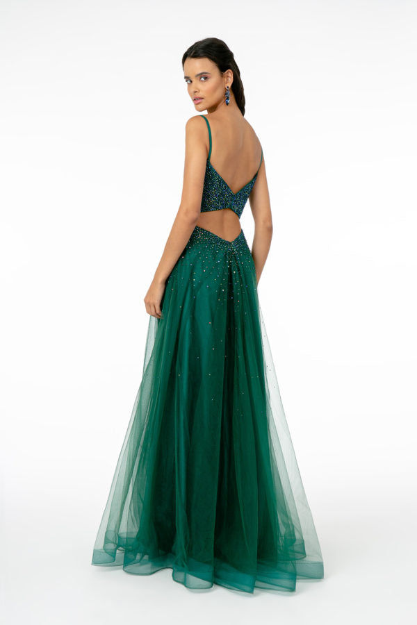 Ravishing Bead Embellished Plunging Neck Long Dress from Elizabeth K-Nightgown-Tux-USA-XS-Champagne-Urbanheer