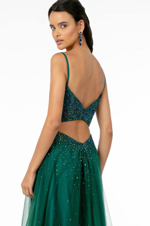 Ravishing Bead Embellished Plunging Neck Long Dress from Elizabeth K-Nightgown-Tux-USA-XS-Champagne-Urbanheer
