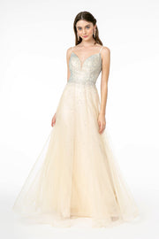Ravishing Bead Embellished Plunging Neck Long Dress from Elizabeth K-Nightgown-Tux-USA-XS-Champagne-Urbanheer