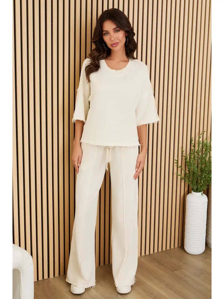Raw Edge Elastic Waist Pants with Drawcord Cream-Pants-MILIO MILANO-XS-Cream-Urbanheer