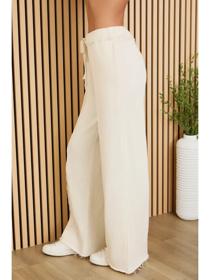 Raw Edge Elastic Waist Pants with Drawcord Cream-Pants-MILIO MILANO-XS-Cream-Urbanheer