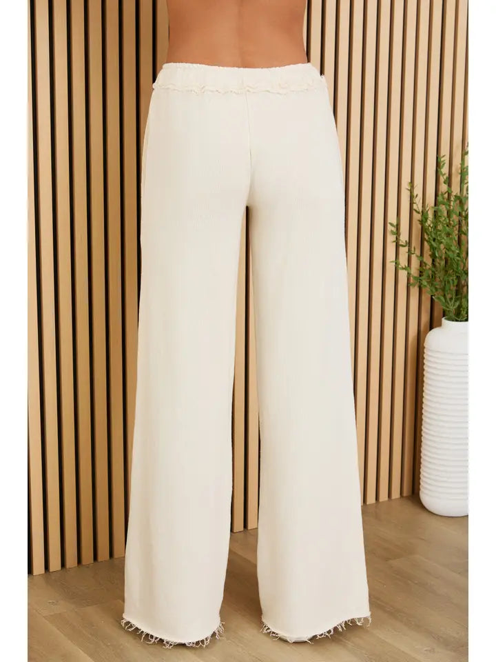 Raw Edge Elastic Waist Pants with Drawcord Cream-Pants-MILIO MILANO-XS-Cream-Urbanheer