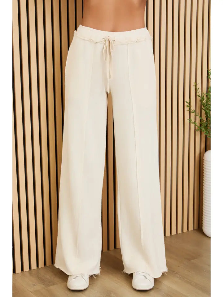 Raw Edge Elastic Waist Pants with Drawcord Cream-Pants-MILIO MILANO-XS-Cream-Urbanheer