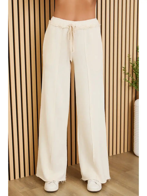 Raw Edge Elastic Waist Pants with Drawcord Cream-Pants-MILIO MILANO-XS-Cream-Urbanheer