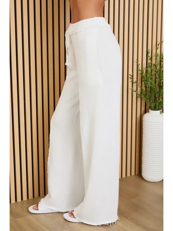 Raw Edge Elastic Waist Pants with Drawcord-Pants-MILIO MILANO-XS-White-Urbanheer