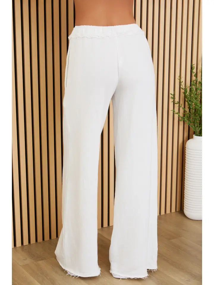 Raw Edge Elastic Waist Pants with Drawcord-Pants-MILIO MILANO-XS-White-Urbanheer