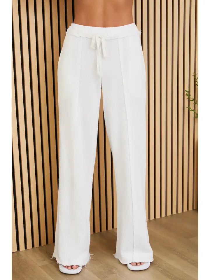 Raw Edge Elastic Waist Pants with Drawcord-Pants-MILIO MILANO-XS-White-Urbanheer