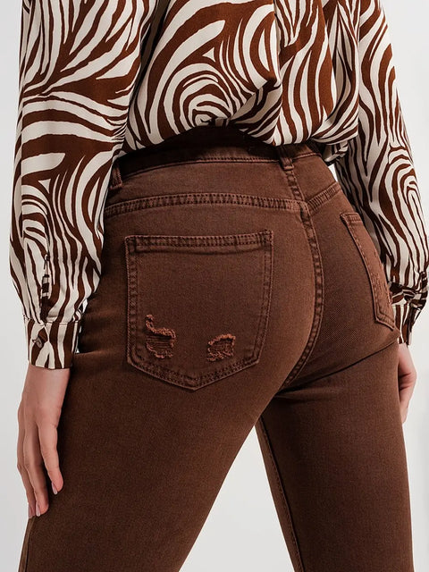 Raw Hem Skinny Jeans in Brown