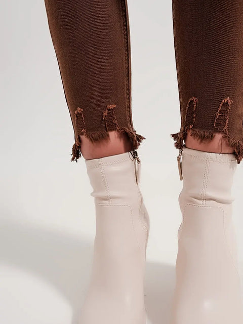 Raw Hem Skinny Jeans in Brown