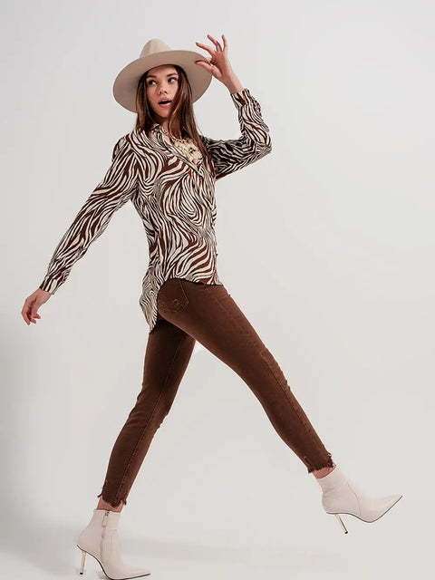 Raw Hem Skinny Jeans in Brown