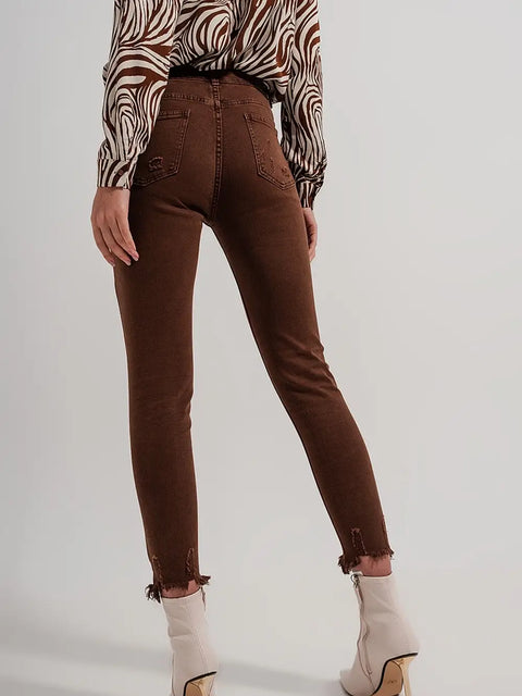 Raw Hem Skinny Jeans in Brown