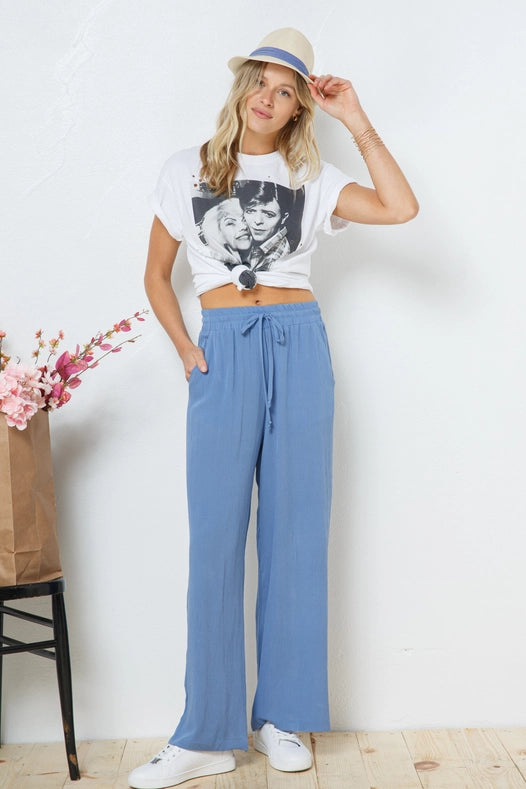 Rayon Palazzo Pants With Elastic Waist Blue-Pants-Blue B-S-Urbanheer