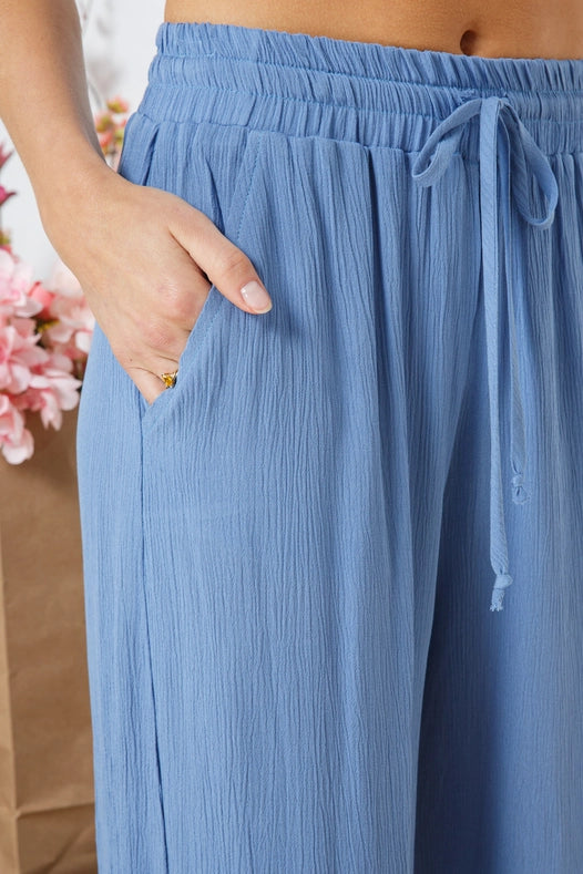 Rayon Palazzo Pants With Elastic Waist Blue-Pants-Blue B-S-Urbanheer