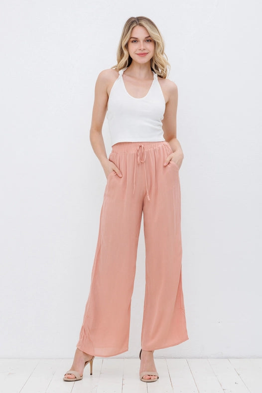 Rayon Palazzo Pants With Elastic Waist Blush-Pants-Blue B-S-Urbanheer