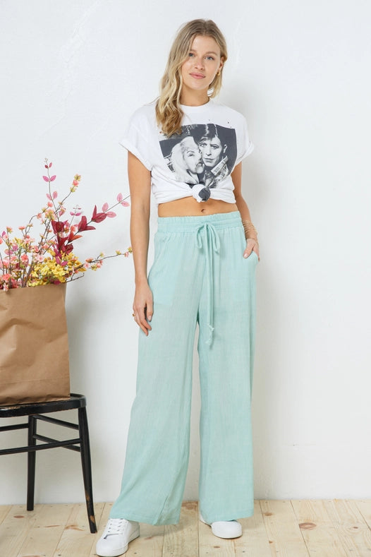 Rayon Palazzo Pants With Elastic Waist Sage-Pants-Blue B-S-Urbanheer