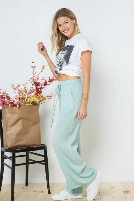 Rayon Palazzo Pants With Elastic Waist Sage-Pants-Blue B-S-Urbanheer