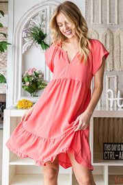 Reborn J Ruffled Notched Cap Sleeve Dress-Street 360-Coral-S-Urbanheer