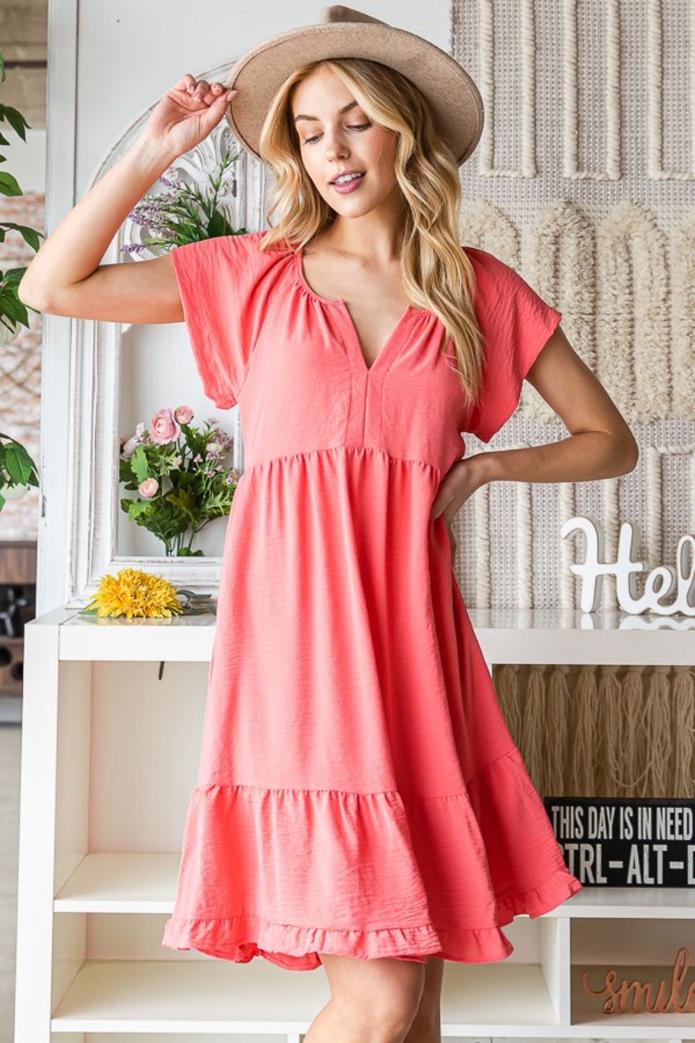 Reborn J Ruffled Notched Cap Sleeve Dress-Street 360-Coral-S-Urbanheer
