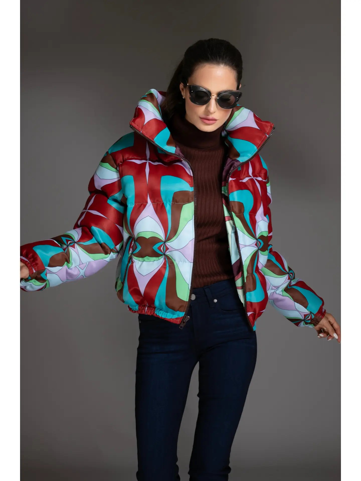 Red & Blue Abstract Multicolor Printed Puffer Jacket