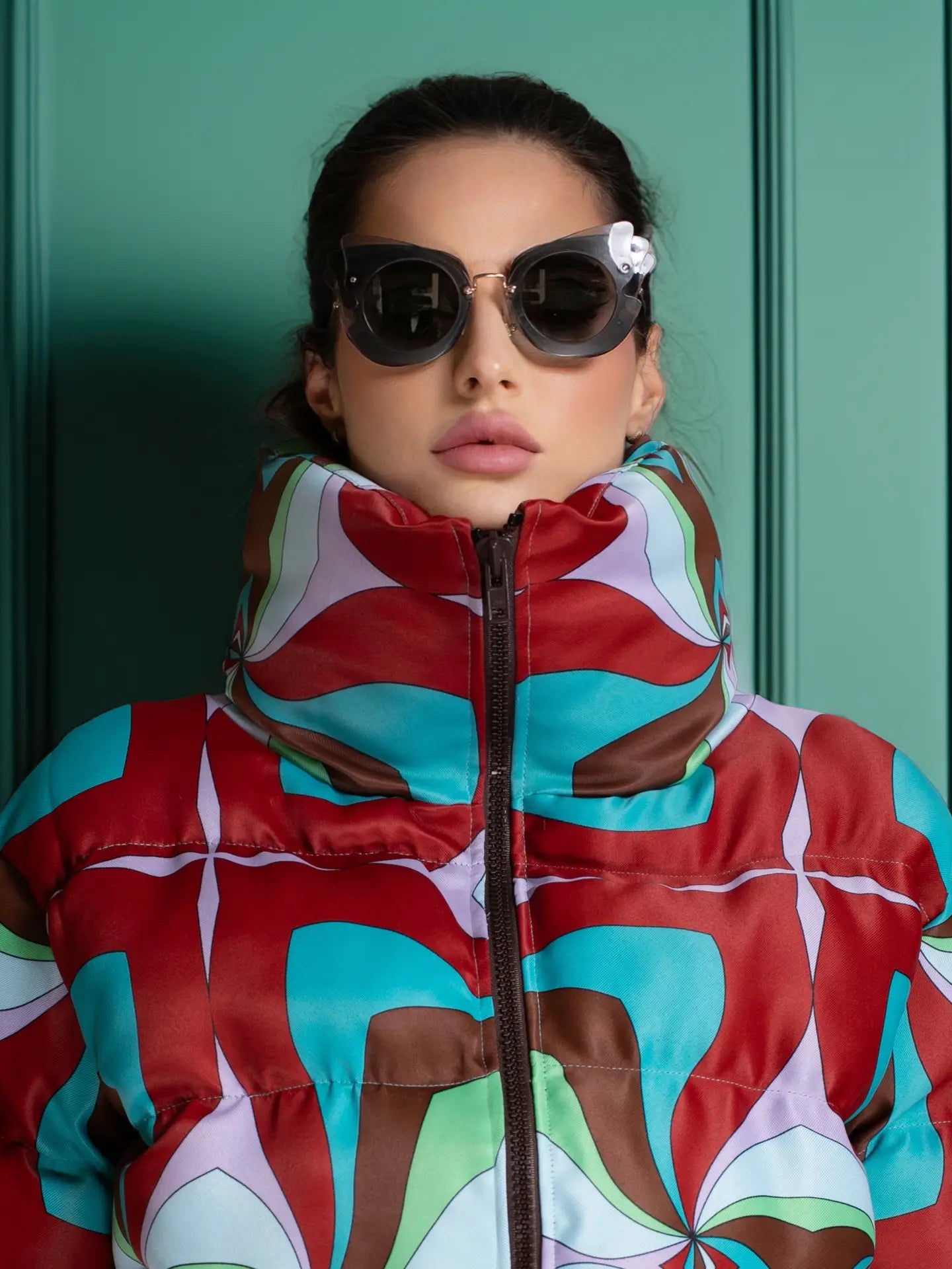 Red & Blue Abstract Multicolor Printed Puffer Jacket
