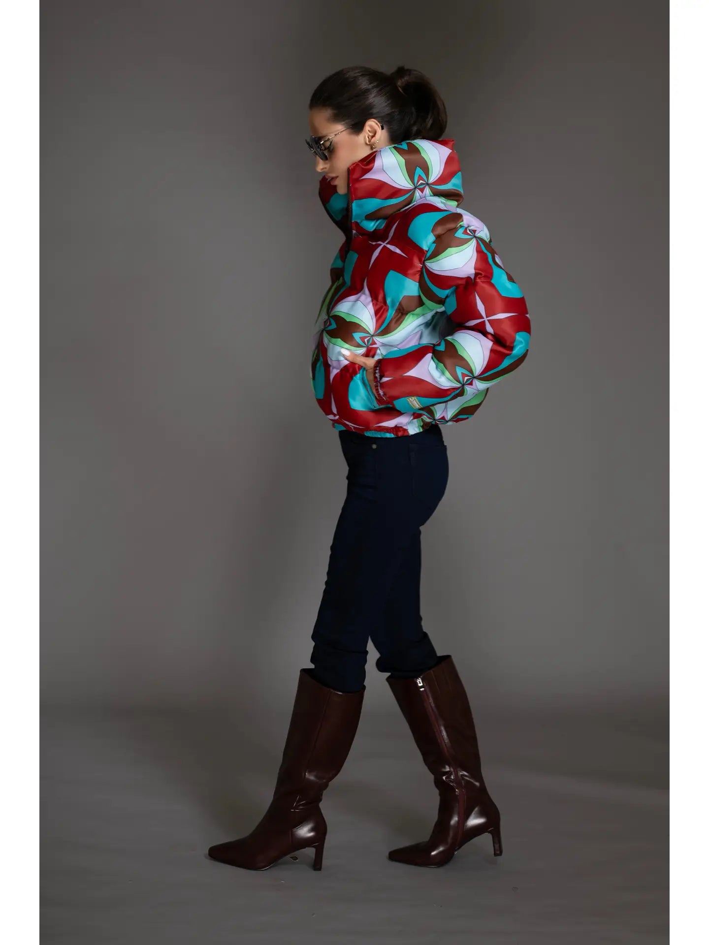 Red & Blue Abstract Multicolor Printed Puffer Jacket