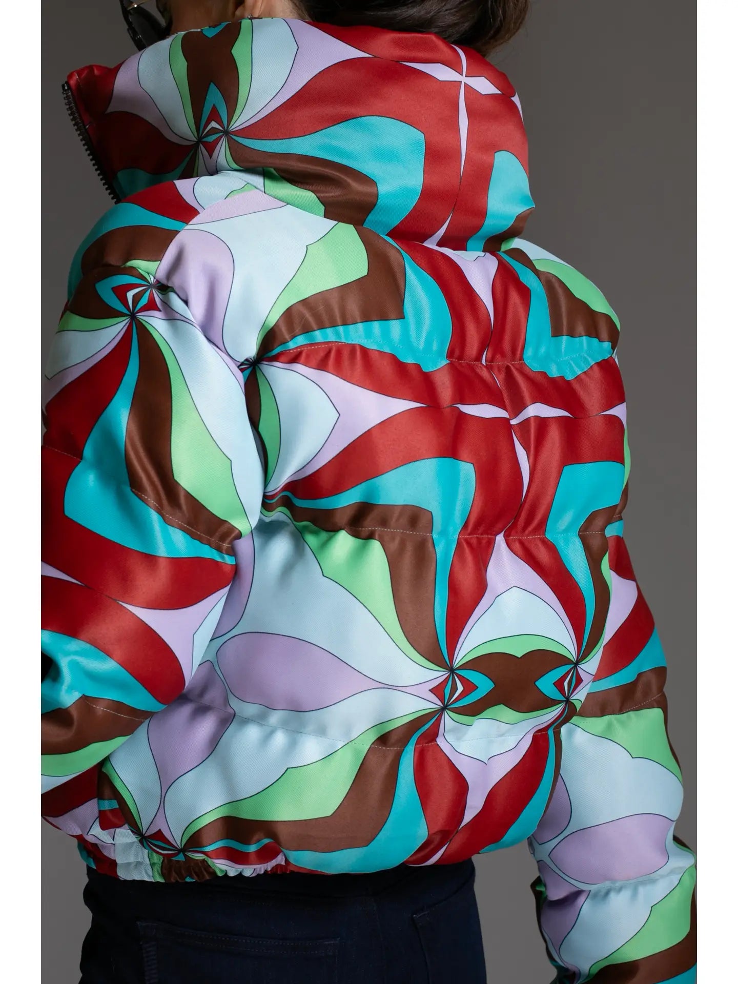 Red & Blue Abstract Multicolor Printed Puffer Jacket