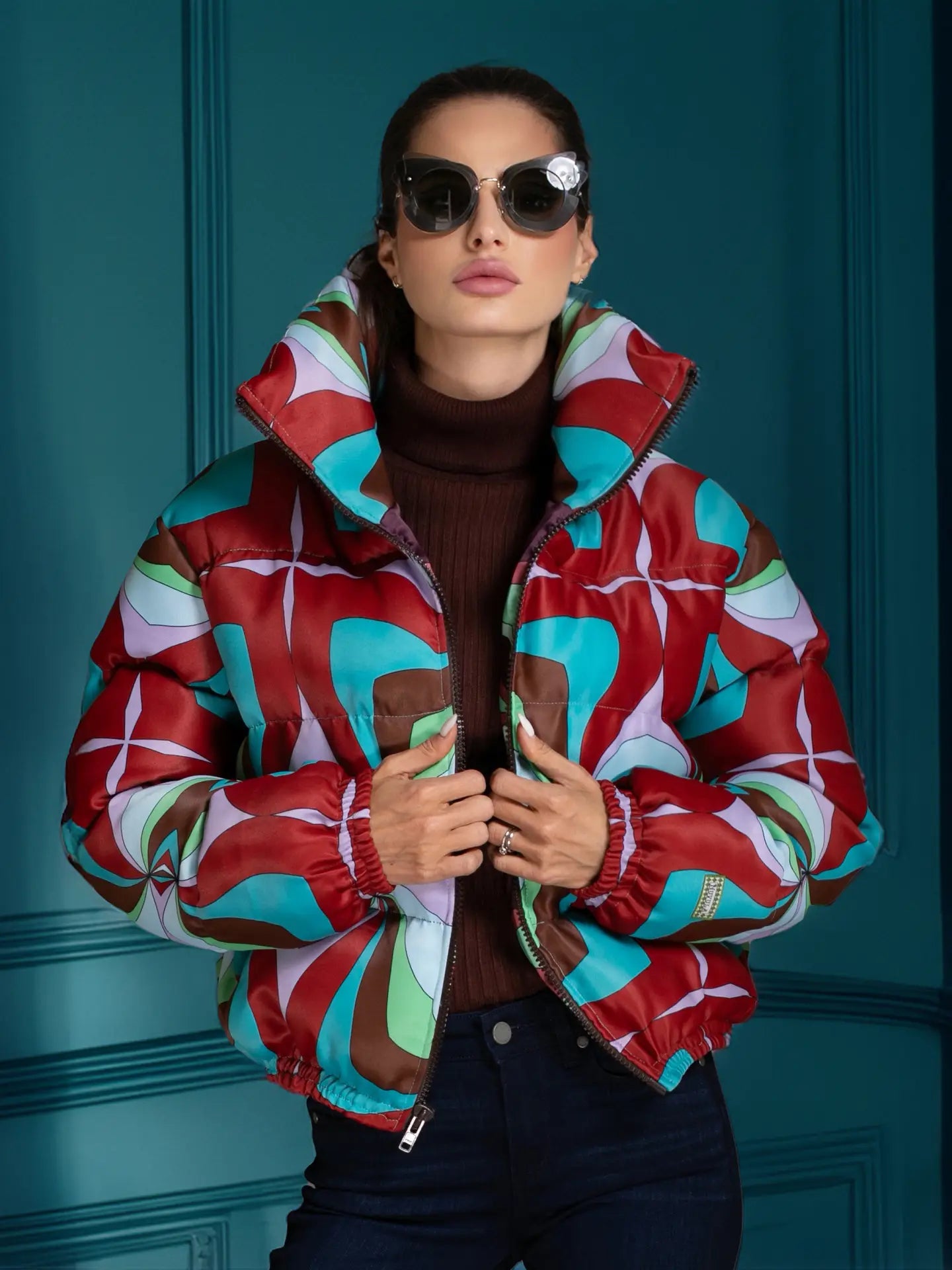 Red & Blue Abstract Multicolor Printed Puffer Jacket