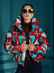 Red & Blue Abstract Multicolor Printed Puffer Jacket