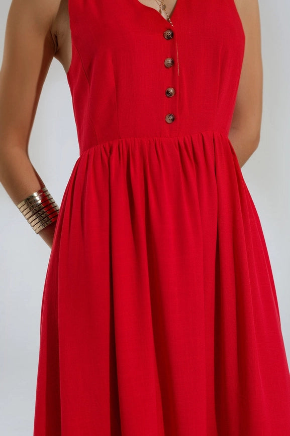 Red Dress with Button Detail-Dress-Q2-M-Red-Urbanheer
