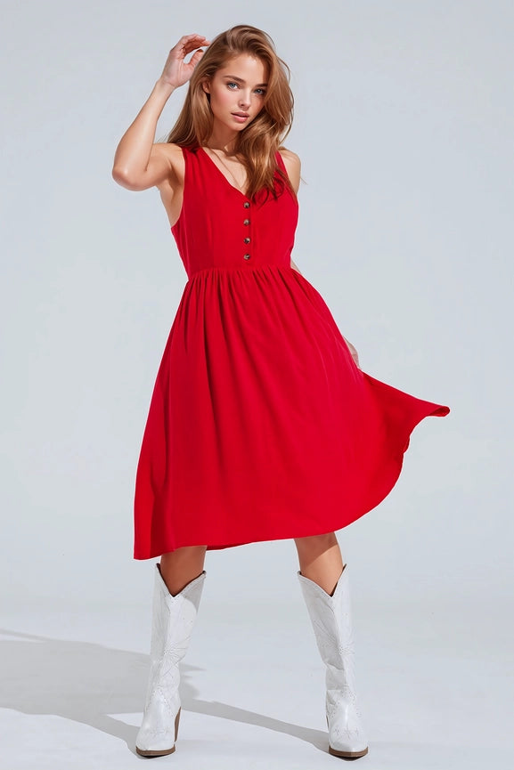 Red Dress with Button Detail-Dress-Q2-M-Red-Urbanheer