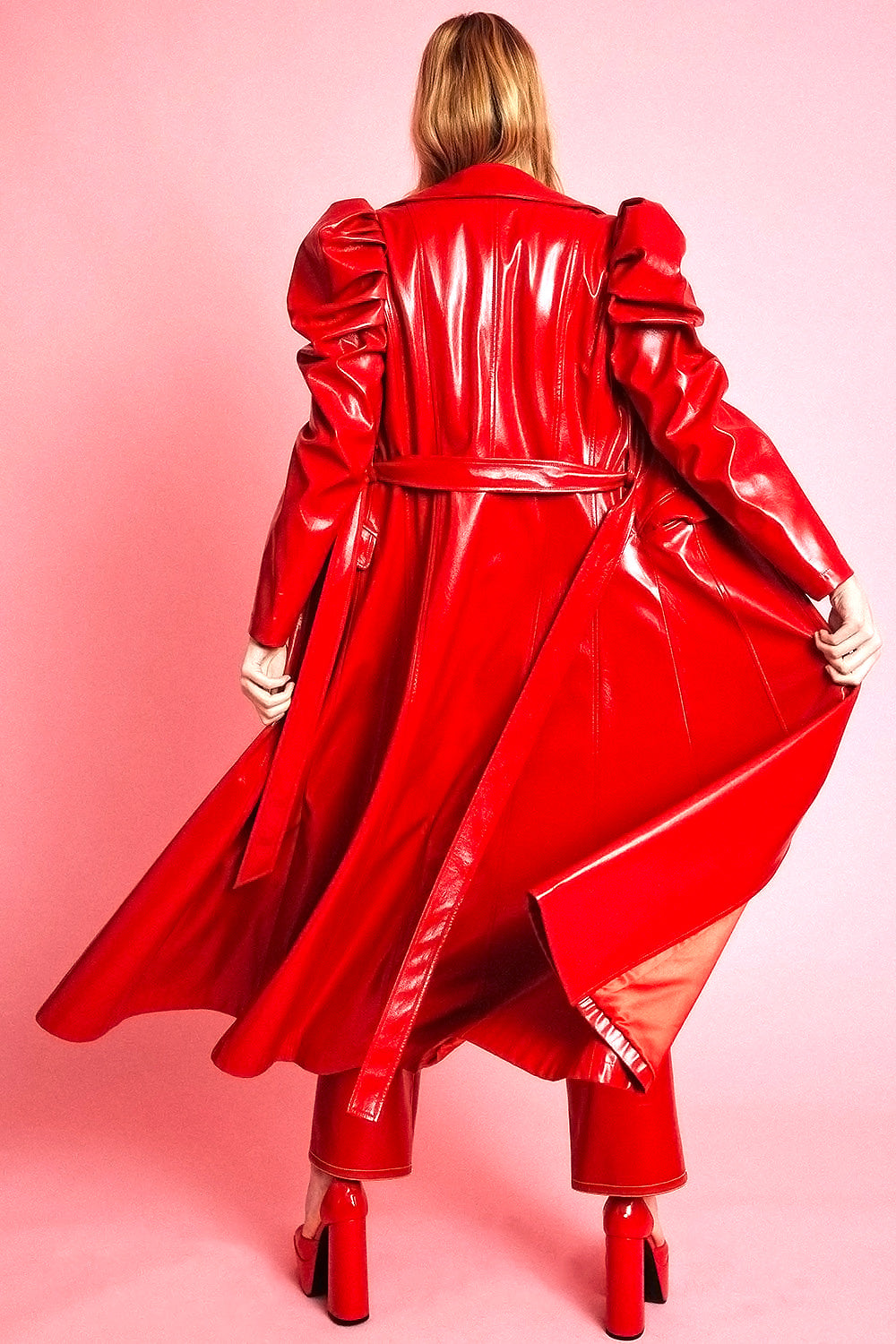 Red Eco Leather Grande Maxi Trench Coat-Faux Leather Coats-Buy Me Fur Ltd-Red-S-M-Faux Leather-Urbanheer