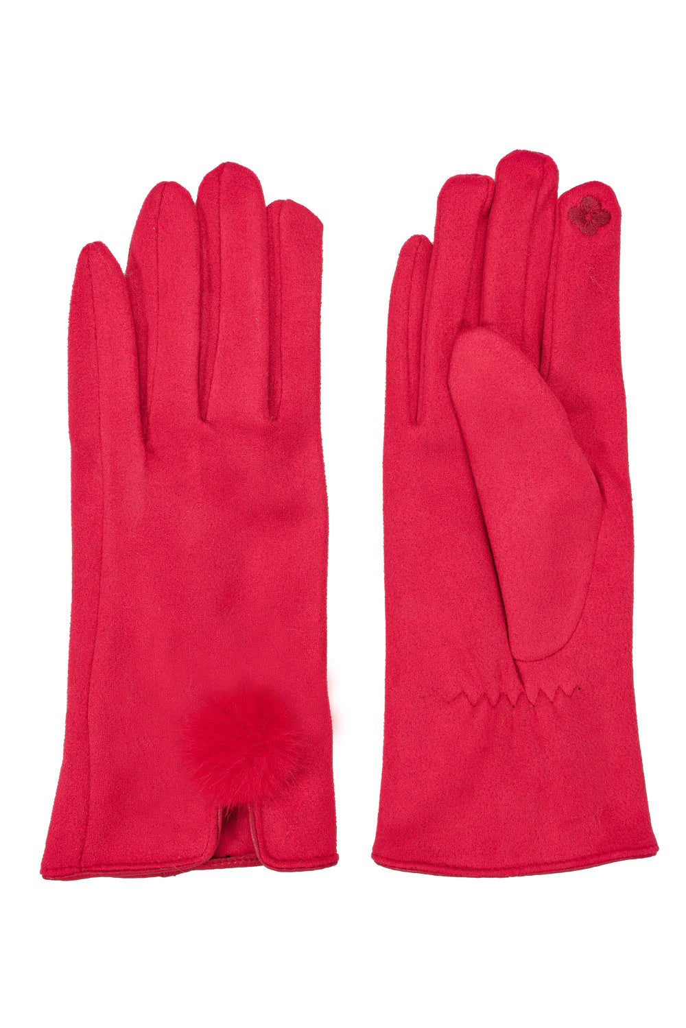Red Faux Suede Gloves With Faux Fur Pom-Gloves-Buy Me Fur Ltd-One Size-Red-Faux Suede-Urbanheer