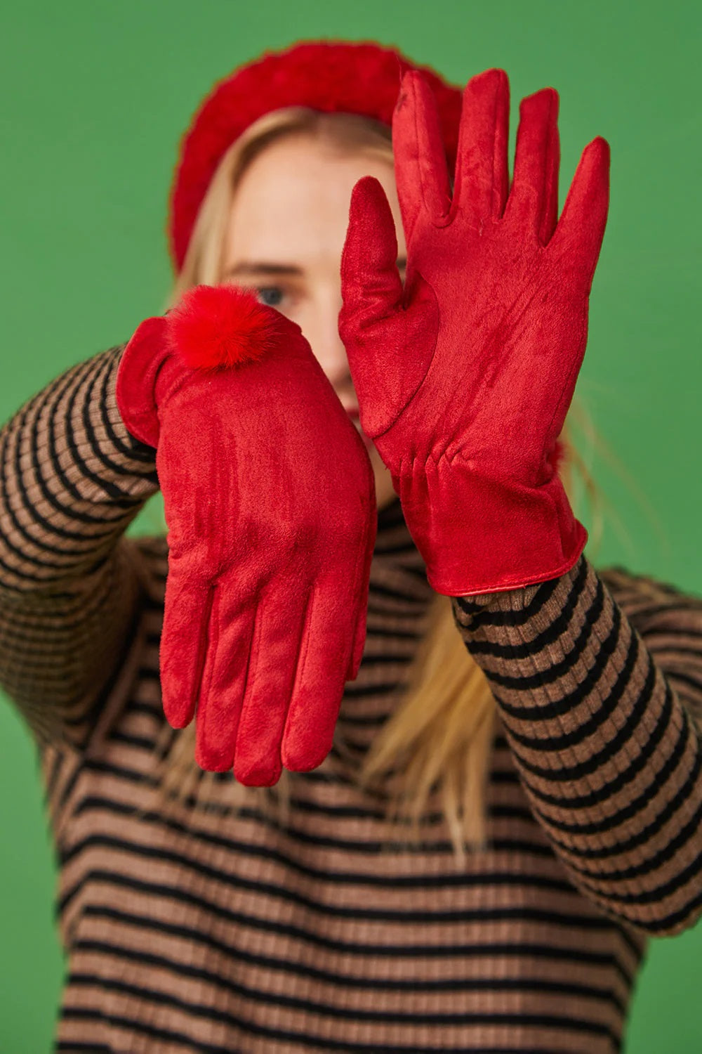 Red Faux Suede Gloves With Faux Fur Pom-Gloves-Buy Me Fur Ltd-One Size-Red-Faux Suede-Urbanheer