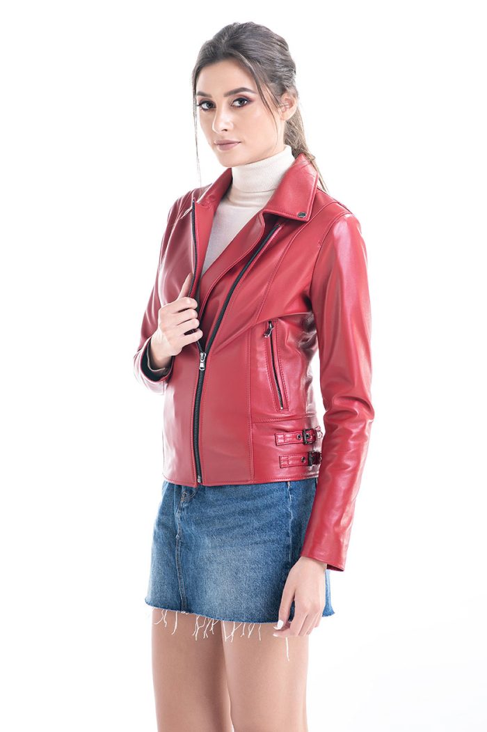 Red Genuine Sheepskin Jacket with Diagonal Zipper-Leather Jackets-Buy Me Fur Ltd-Red-S-Genuine Sheepskin Leather-Urbanheer
